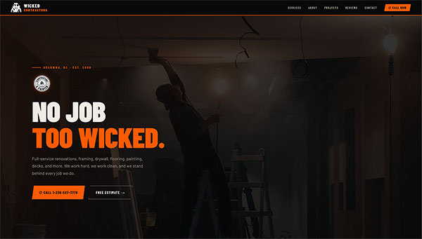 Wicked Contractors website, built by Okanagan Web Pro